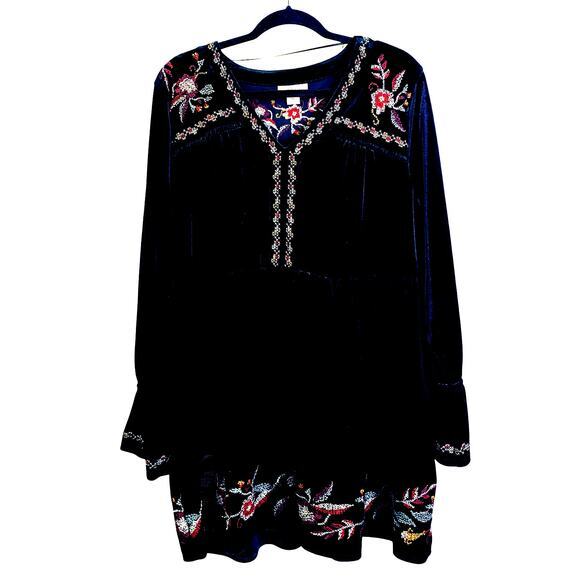 STYLE & CO Dress Velvet Embroidered V-Neck Boho Tunic A-Line Babydoll‎ Mini NWT - Picture 1 of 14